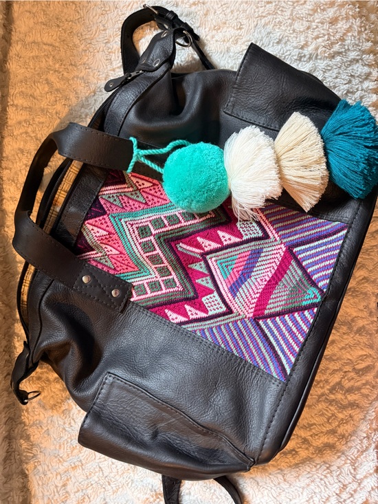 Nena & Co. Handbags - Nena Black Leather Bag with Pink & Teal Embroidered Panel